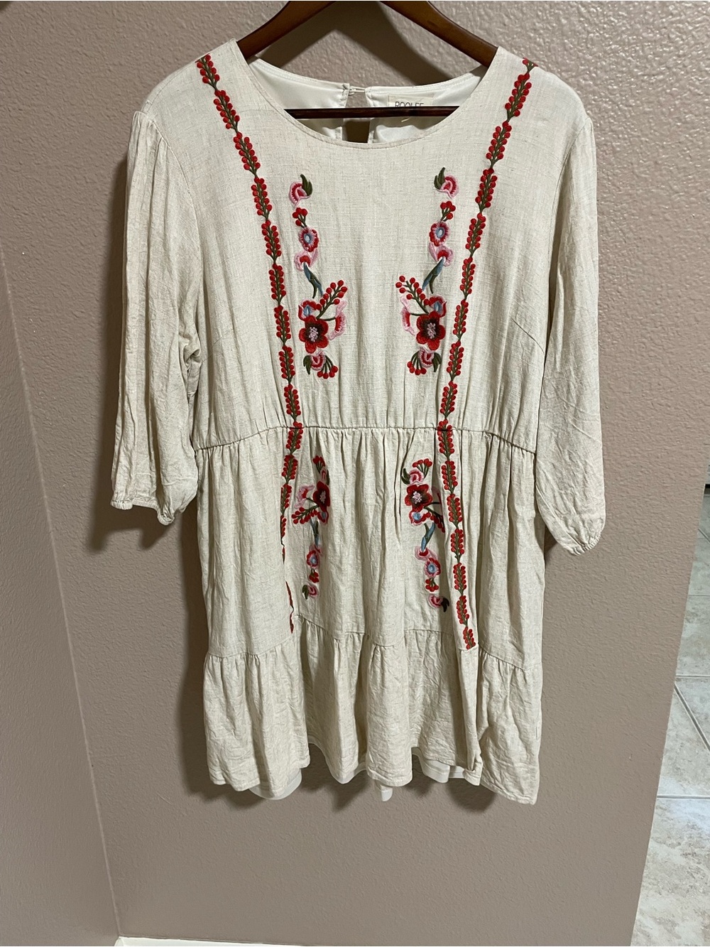 Roolee Cream Embroidered Boho Tunic Dress with Red Floral Accents